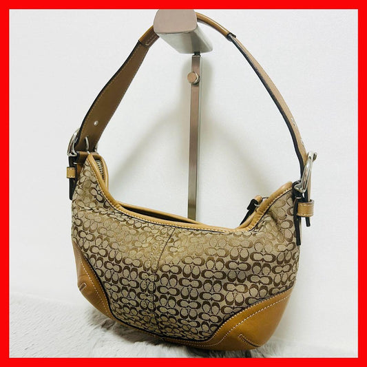 COACH Hand Shoulder Bag Tote Purse Signature Suede Leather Brown Authentic