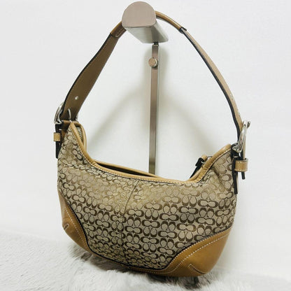COACH Hand Shoulder Bag Tote Purse Signature Suede Leather Brown Authentic