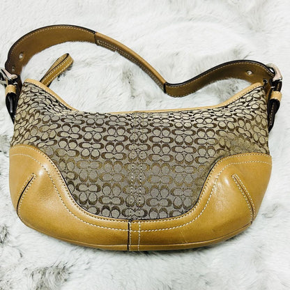 COACH Hand Shoulder Bag Tote Purse Signature Suede Leather Brown Authentic
