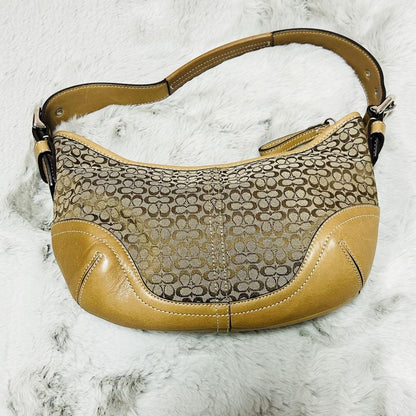 COACH Hand Shoulder Bag Tote Purse Signature Suede Leather Brown Authentic
