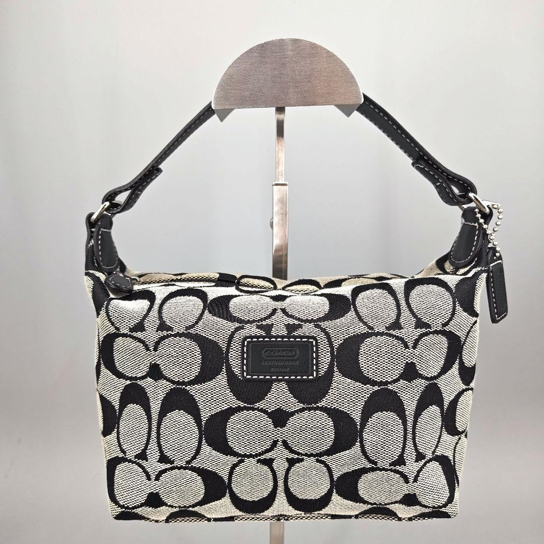 COACH Accessory Pouch Hand Bag Tote Purse Signature Canvas Leather Black Auth