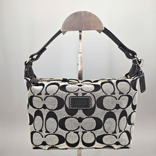 COACH Accessory Pouch Hand Bag Tote Purse Signature Canvas Leather Black Auth