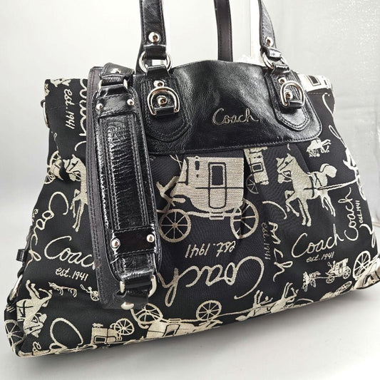 COACH Hand Bag Tote Purse Canvas Leather Black Authentic