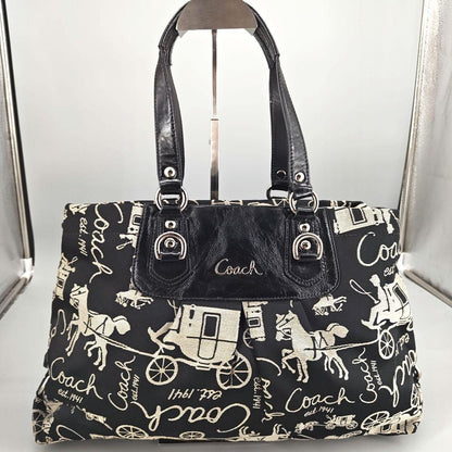 COACH Hand Bag Tote Purse Canvas Leather Black Authentic