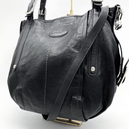 TOD'S Hand Shoulder Bag Tote Purse 2way Leather Black Authentic