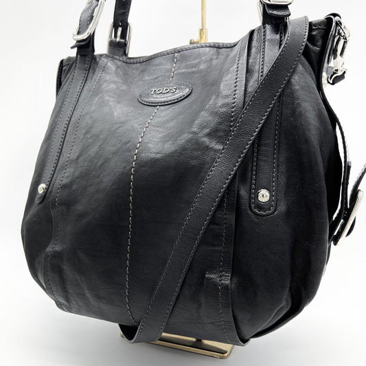 TOD'S Hand Shoulder Bag Tote Purse 2way Leather Black Authentic