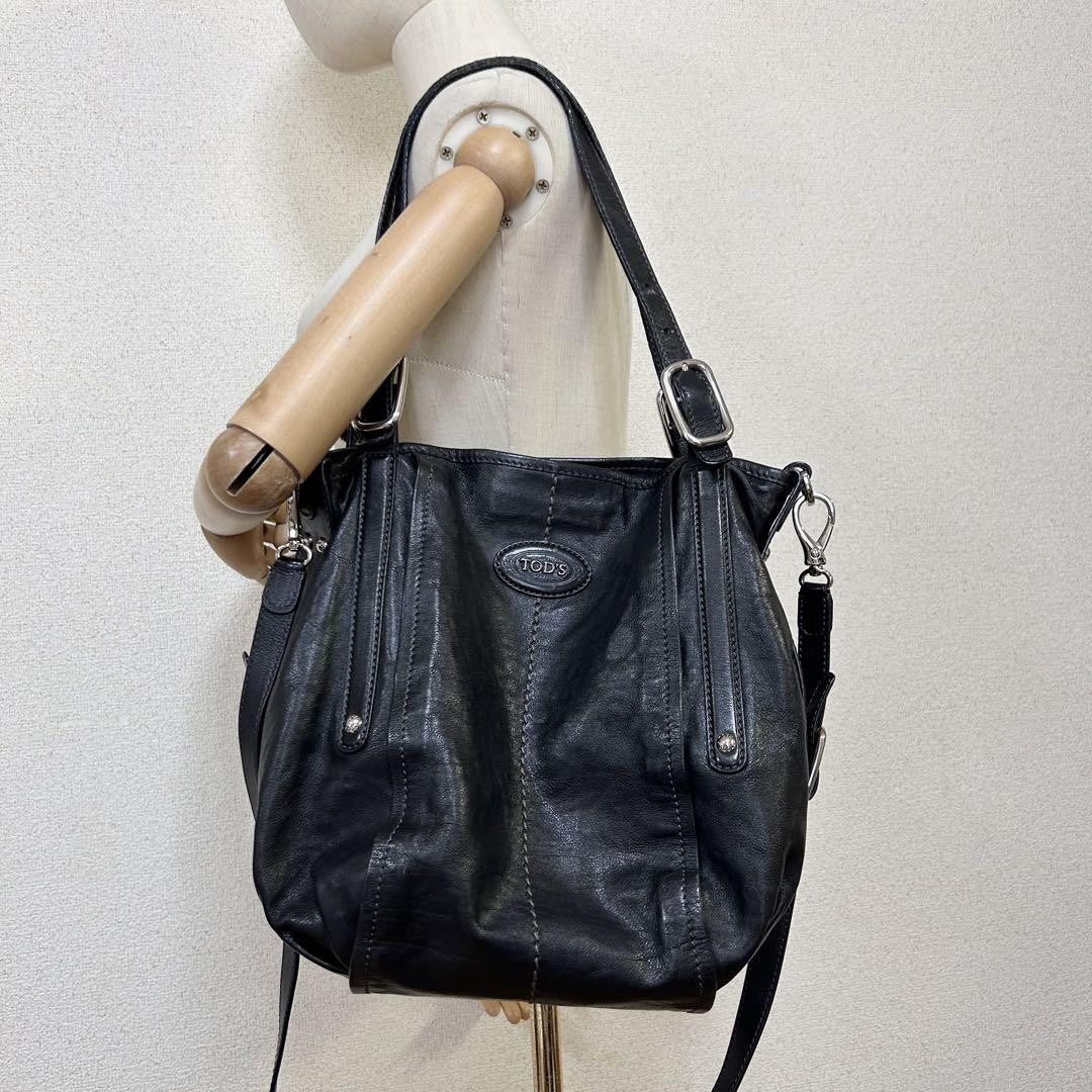 TOD'S Hand Shoulder Bag Tote Purse 2way Leather Black Authentic