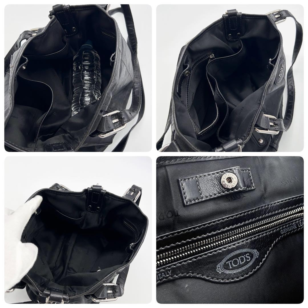 TOD'S Hand Shoulder Bag Tote Purse 2way Leather Black Authentic