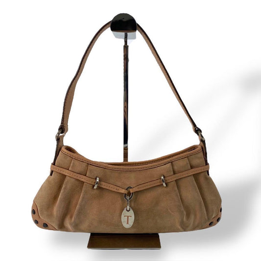 TOD'S Shoulder Bag Purse Suede Leather Brown Beige Authentic