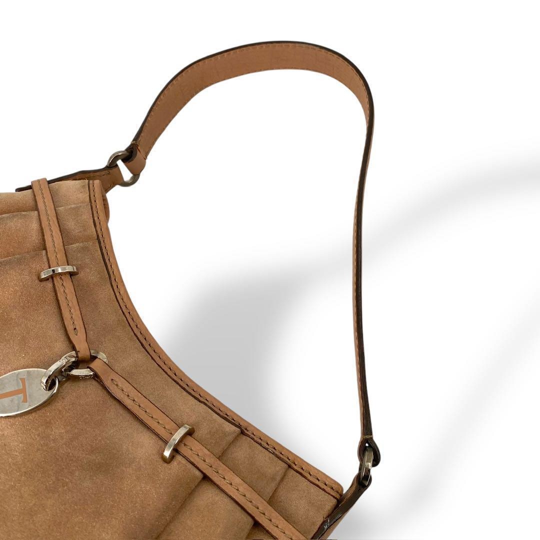 TOD'S Shoulder Bag Purse Suede Leather Brown Beige Authentic