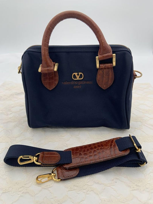 Valentino Garavani Mini Boston Shoulder Bag Purse 2way Logo Nylon Blue Authentic