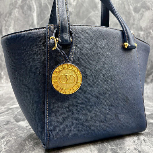 Valentino Garavani Hand Bag Tote Purse Leather Navy Authentic