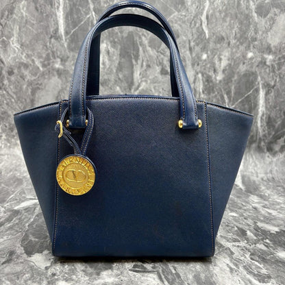 Valentino Garavani Hand Bag Tote Purse Leather Navy Authentic