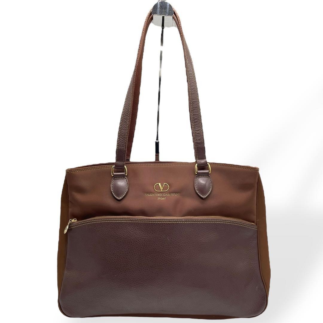 Valentino Garavani SPORT Hand Shoulder Bag Tote Purse Logo Nylon Leather Brown