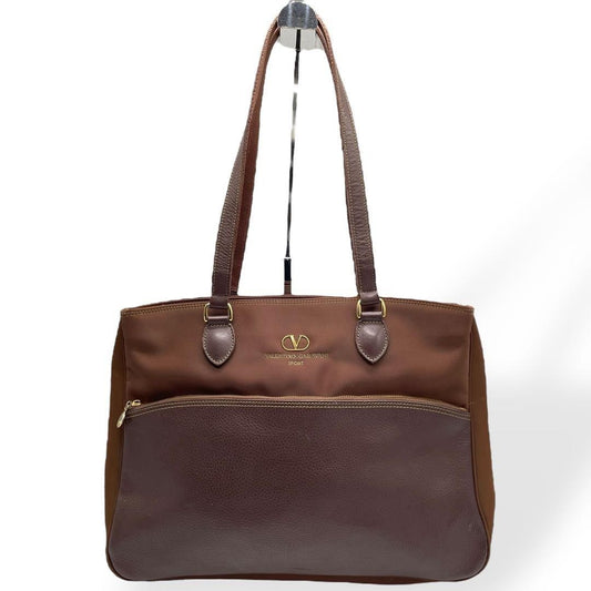 Valentino Garavani SPORT Hand Shoulder Bag Tote Purse Logo Nylon Leather Brown