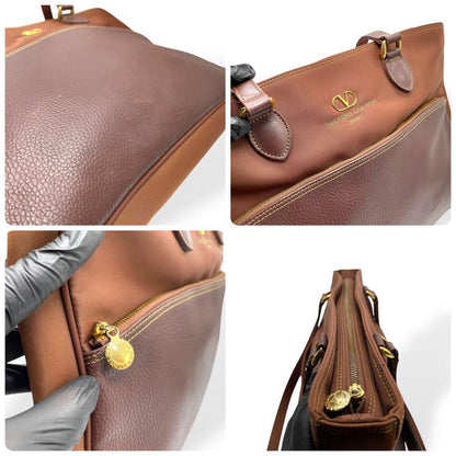 Valentino Garavani SPORT Hand Shoulder Bag Tote Purse Logo Nylon Leather Brown