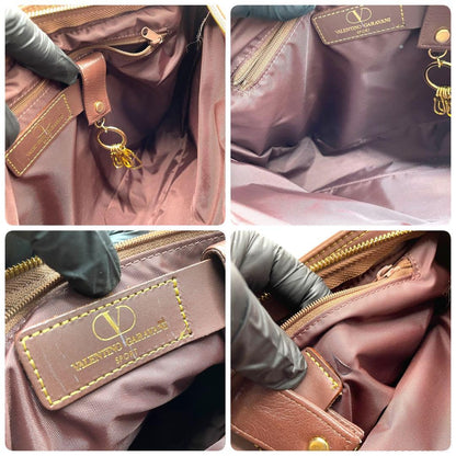 Valentino Garavani SPORT Hand Shoulder Bag Tote Purse Logo Nylon Leather Brown
