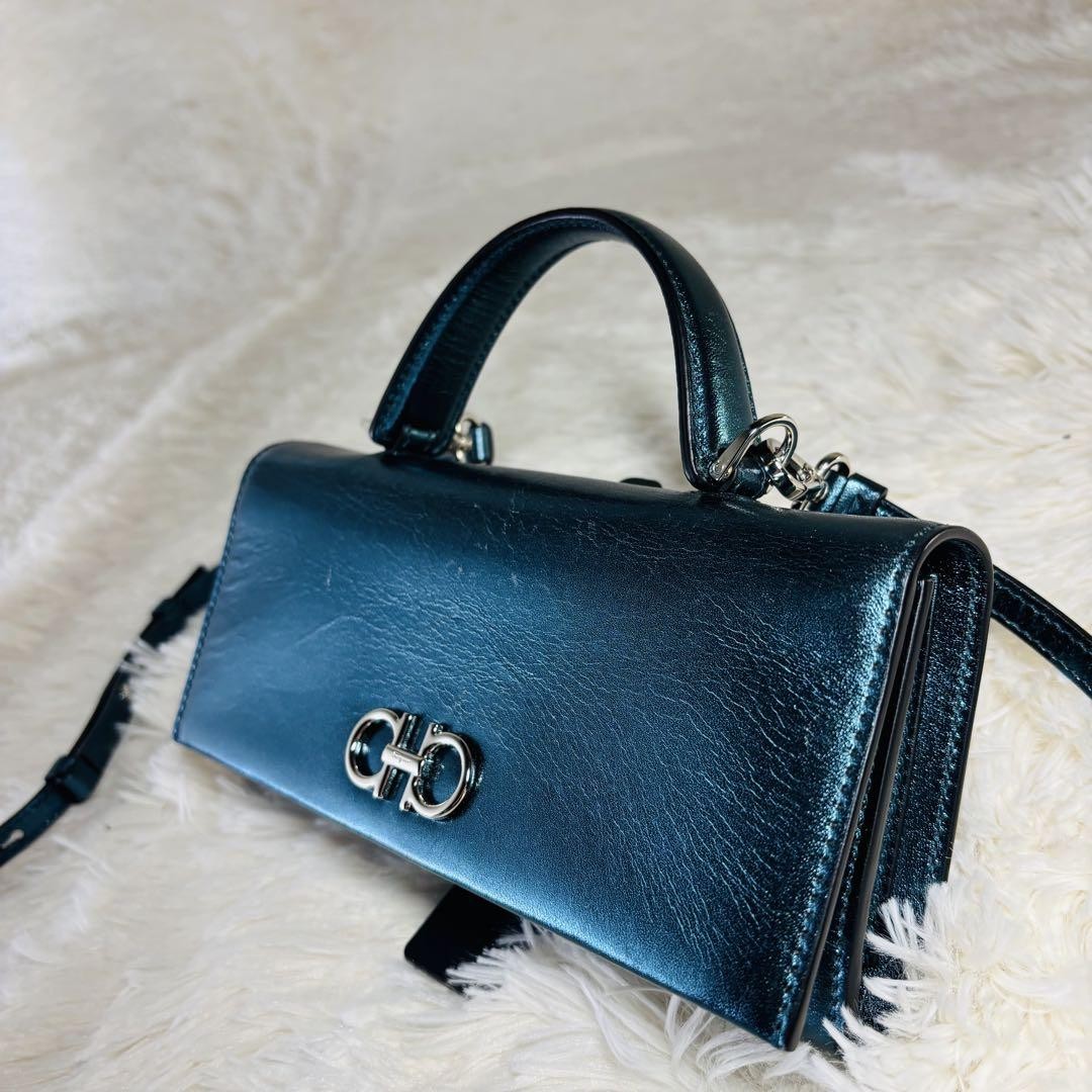 Salvatore Ferragamo Mini Shoulder Wallet 2way Gancini Metallic Blue Authentic