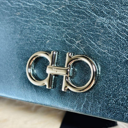 Salvatore Ferragamo Mini Shoulder Wallet 2way Gancini Metallic Blue Authentic