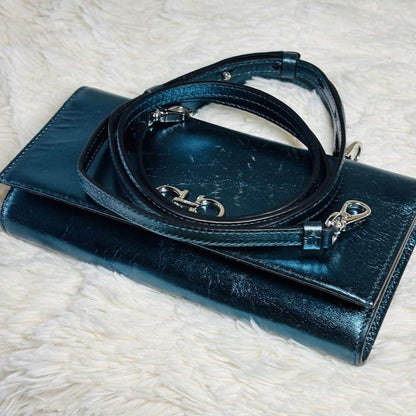 Salvatore Ferragamo Mini Shoulder Wallet 2way Gancini Metallic Blue Authentic