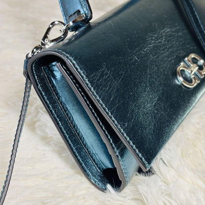 Salvatore Ferragamo Mini Shoulder Wallet 2way Gancini Metallic Blue Authentic