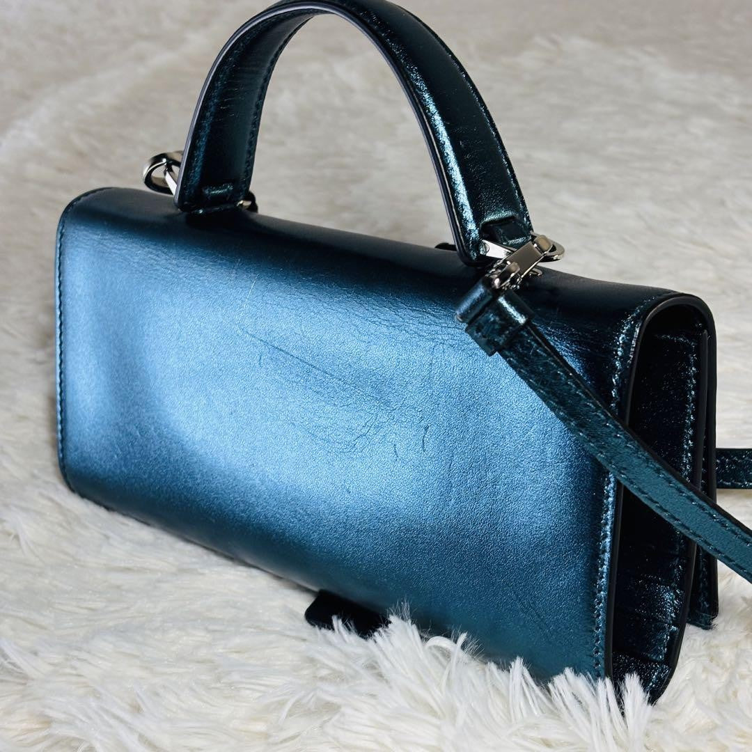 Salvatore Ferragamo Mini Shoulder Wallet 2way Gancini Metallic Blue Authentic