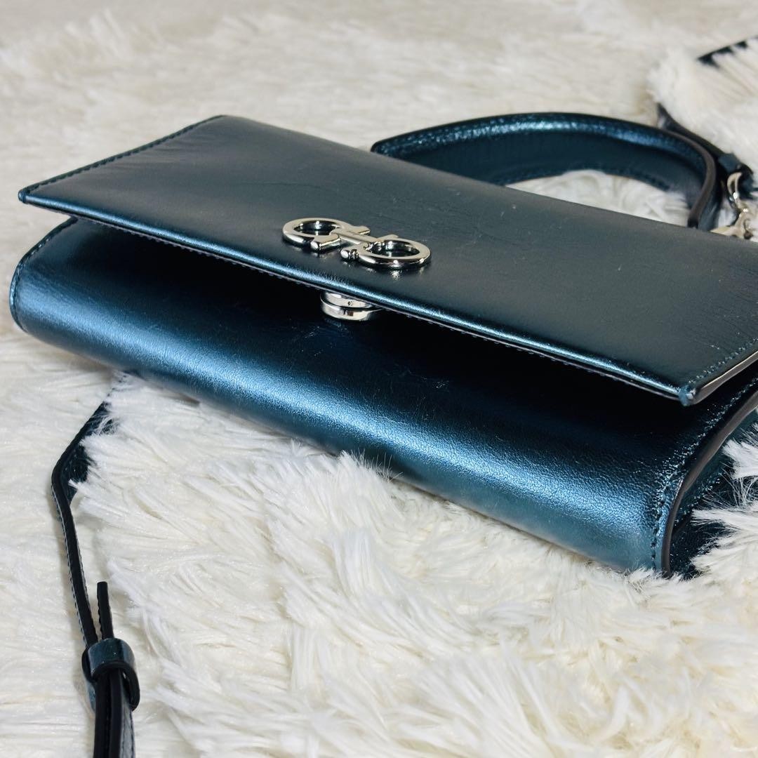 Salvatore Ferragamo Mini Shoulder Wallet 2way Gancini Metallic Blue Authentic