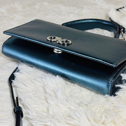Salvatore Ferragamo Mini Shoulder Wallet 2way Gancini Metallic Blue Authentic