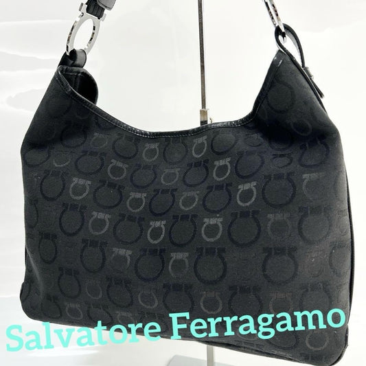 Salvatore Ferragamo Hand Bag Tote Purse Gancini Canvas Leather Black Authentic