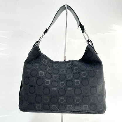 Salvatore Ferragamo Hand Bag Tote Purse Gancini Canvas Leather Black Authentic