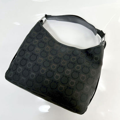Salvatore Ferragamo Hand Bag Tote Purse Gancini Canvas Leather Black Authentic