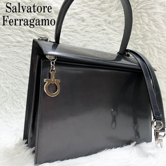 Salvatore Ferragamo Shoulder Bag Purse 2way Gancini Leather Metallic Gray