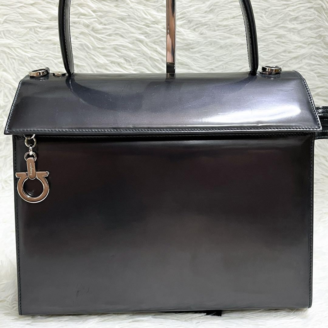 Salvatore Ferragamo Shoulder Bag Purse 2way Gancini Leather Metallic Gray
