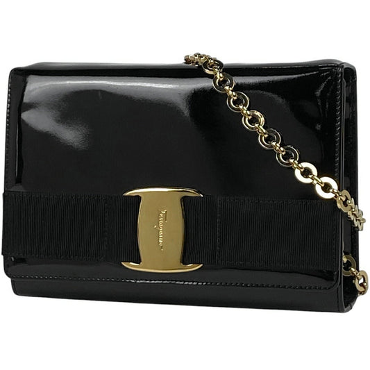 Salvatore Ferragamo Shoulder Bag Purse 2way Vara Chain Patent Leather Black Auth