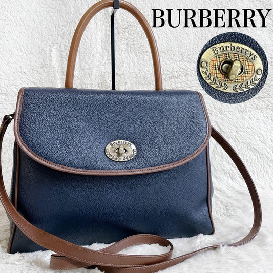 BURBERRY Shoulder Bag Purse Nova Check Leather Navy Brown Authentic