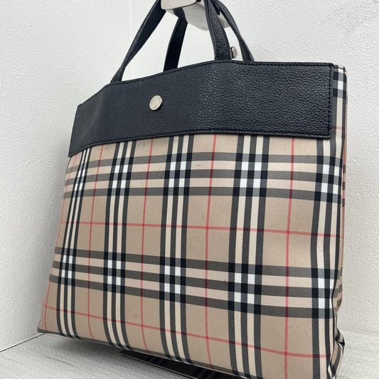BURBERRY LONDON Hand Bag Tote Purse Nova Check Nylon Leather Brown Black Auth