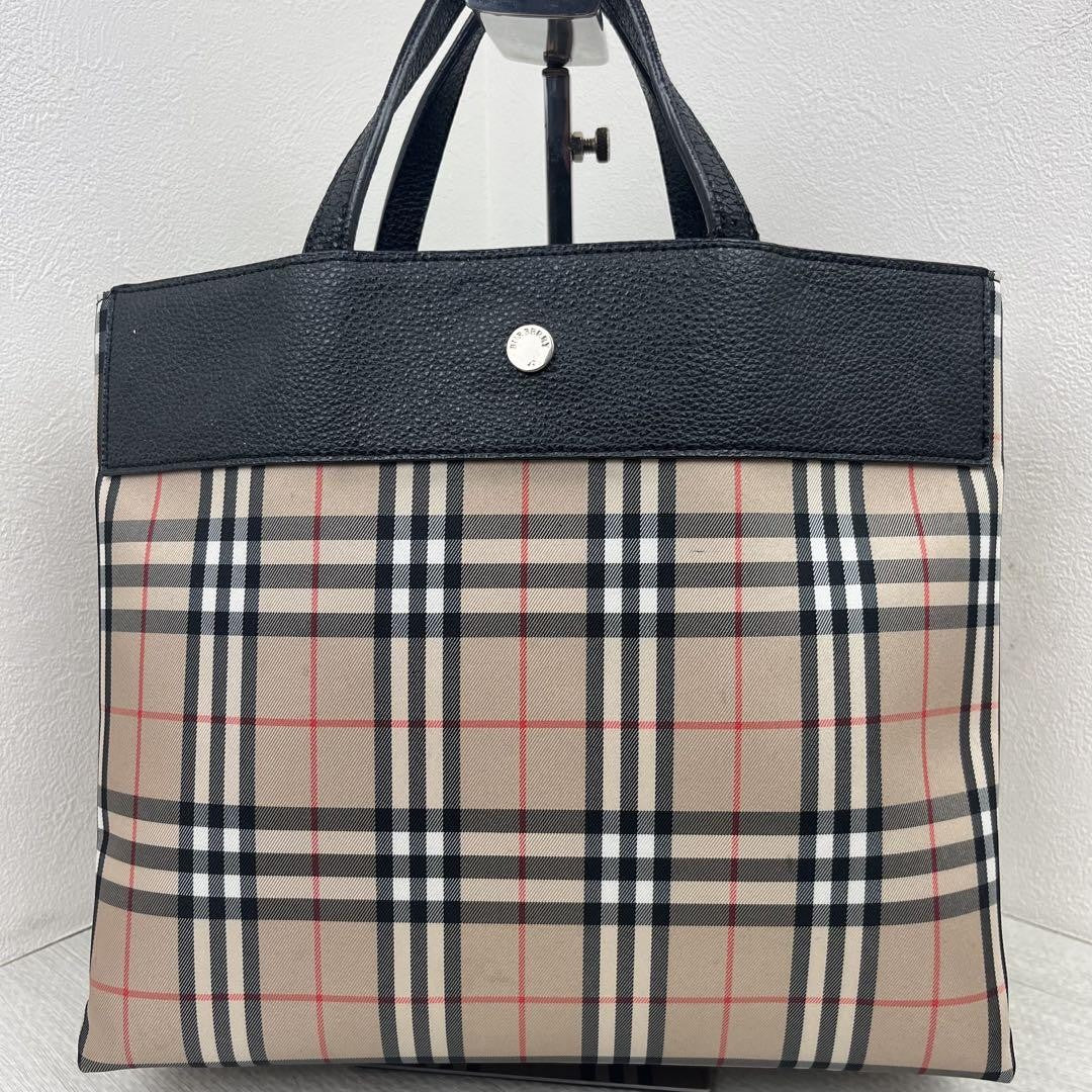 BURBERRY LONDON Hand Bag Tote Purse Nova Check Nylon Leather Brown Black Auth
