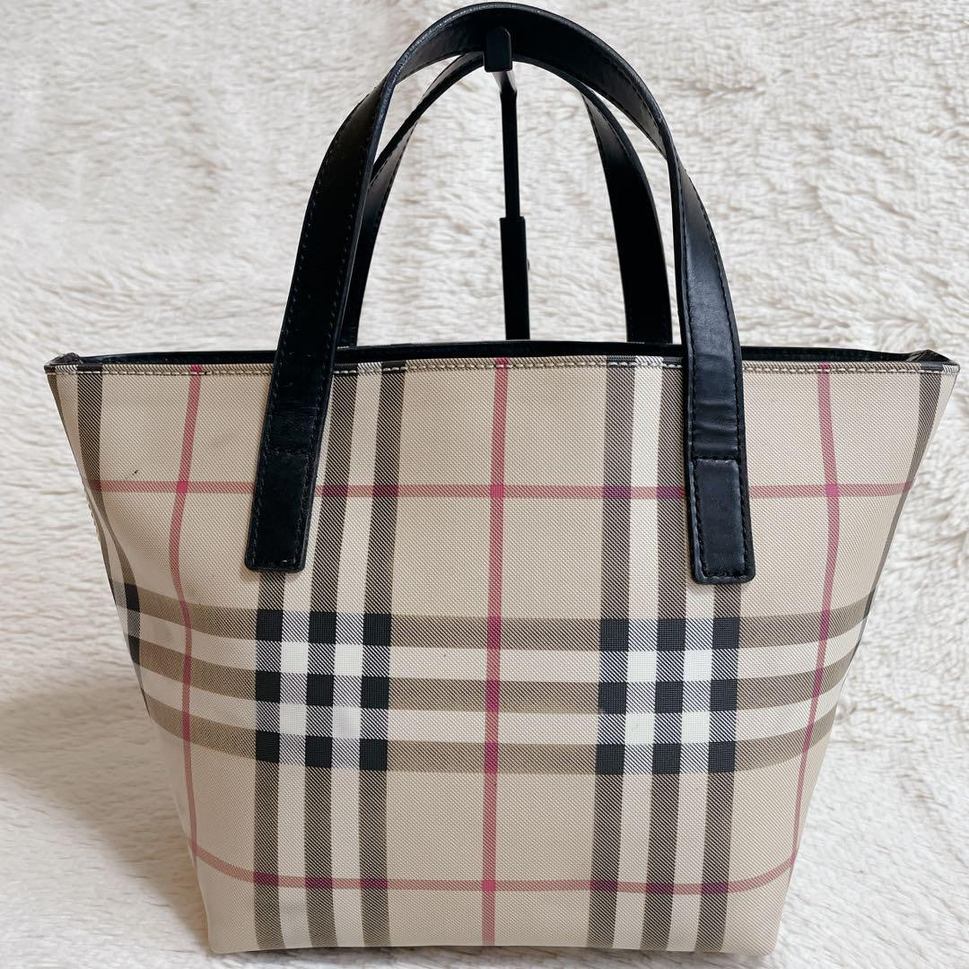 BURBERRY LONDON Hand Bag Tote Purse Nova Check PVC Leather Beige Black Authentic