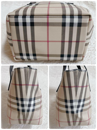 BURBERRY LONDON Hand Bag Tote Purse Nova Check PVC Leather Beige Black Authentic