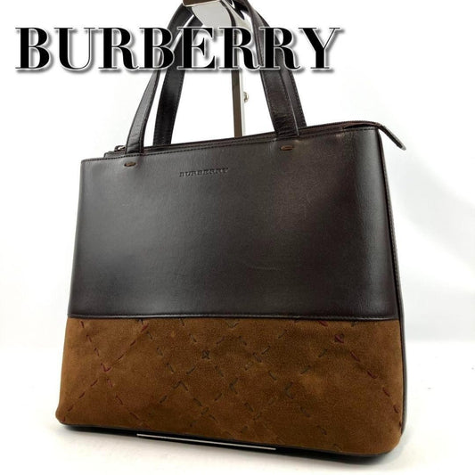 BURBERRY Hand Bag Tote Purse Leather Suede Brown Authentic