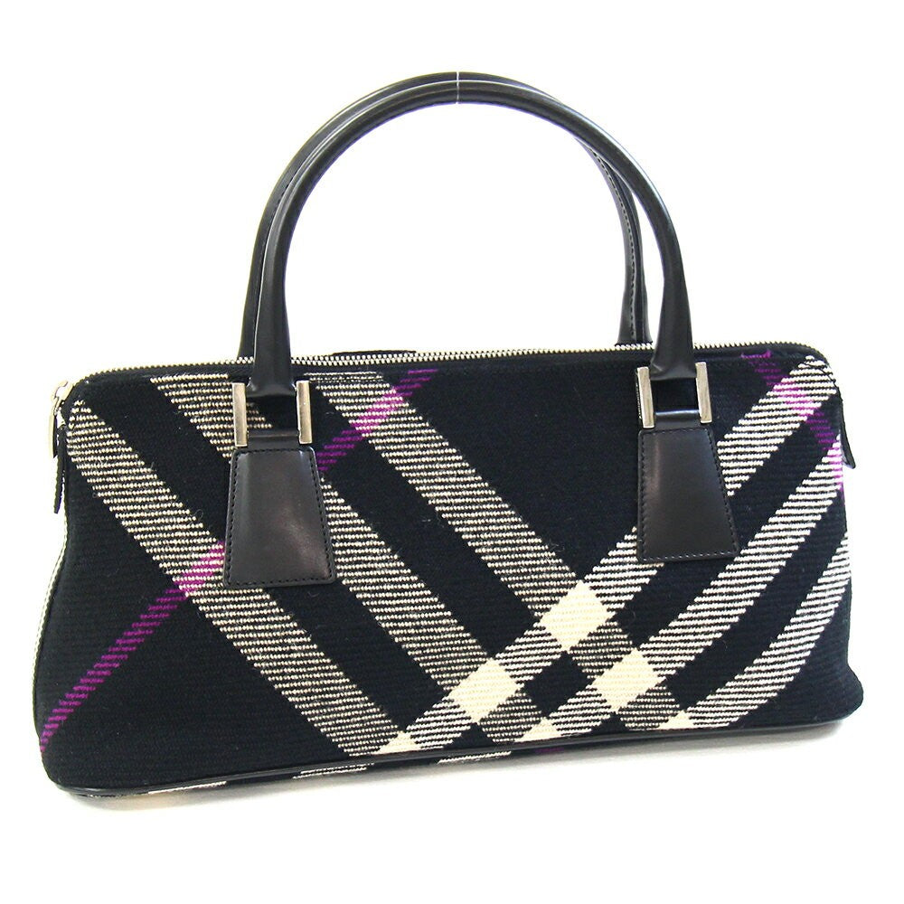 BURBERRY Hand Bag Tote Purse Nova Check Wool Leather Black Beige Authentic