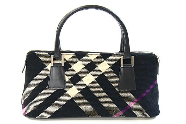 BURBERRY Hand Bag Tote Purse Nova Check Wool Leather Black Beige Authentic