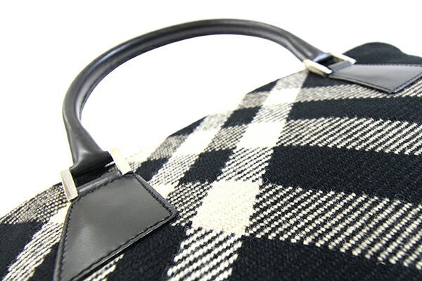 BURBERRY Hand Bag Tote Purse Nova Check Wool Leather Black Beige Authentic