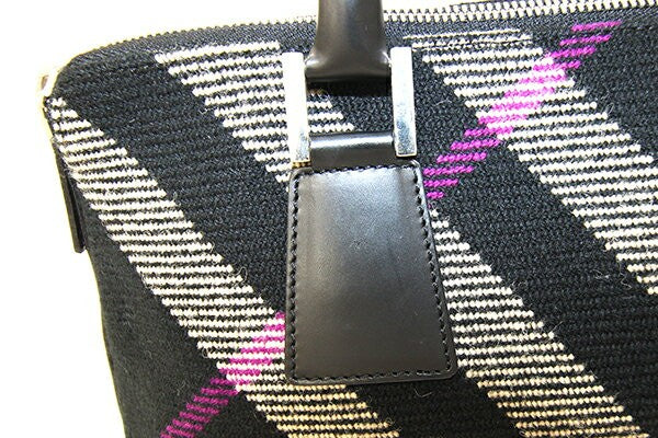 BURBERRY Hand Bag Tote Purse Nova Check Wool Leather Black Beige Authentic