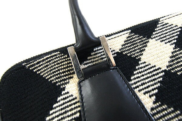 BURBERRY Hand Bag Tote Purse Nova Check Wool Leather Black Beige Authentic