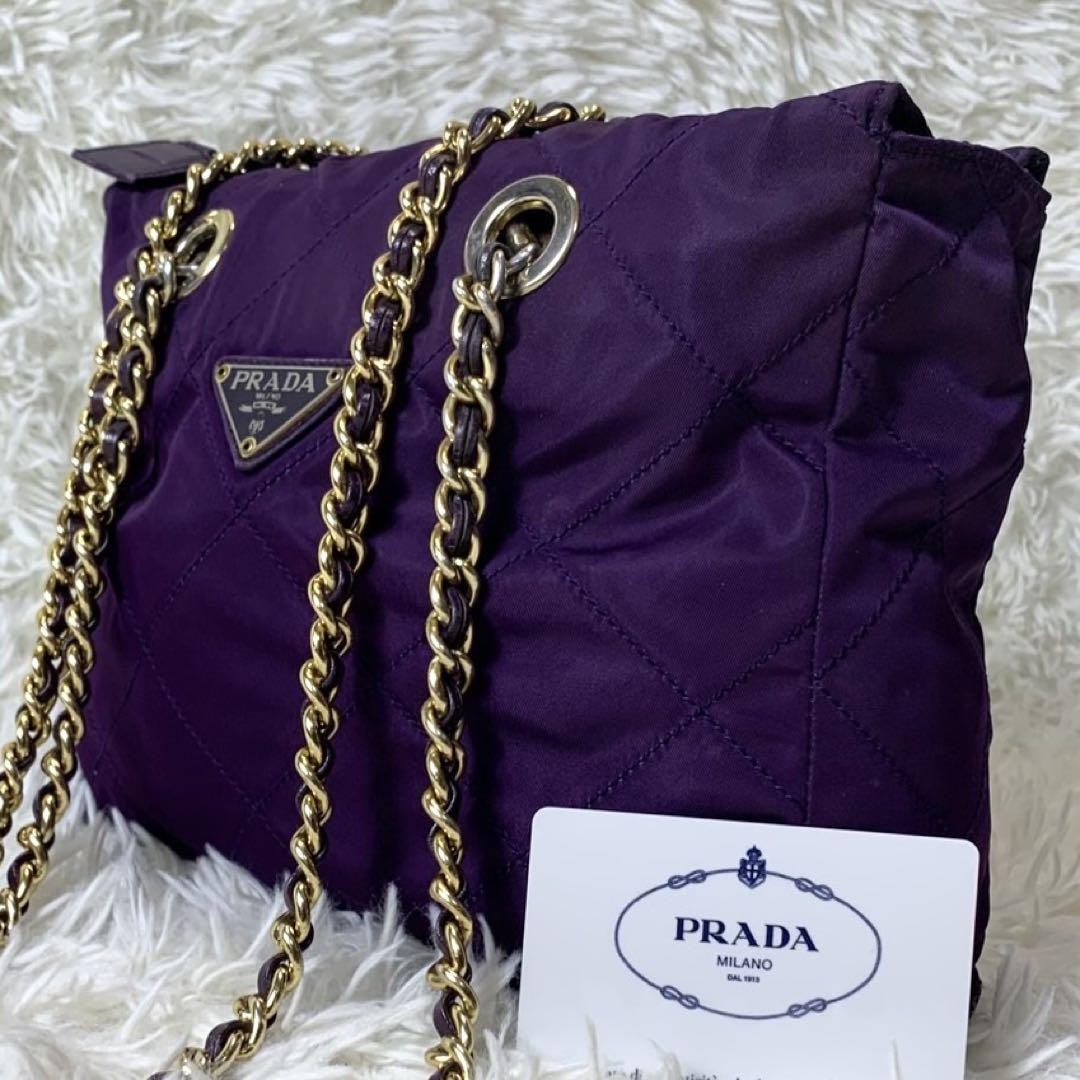 PRADA Shoulder Bag Purse Logo Chain Nylon Leather Purple Authentic