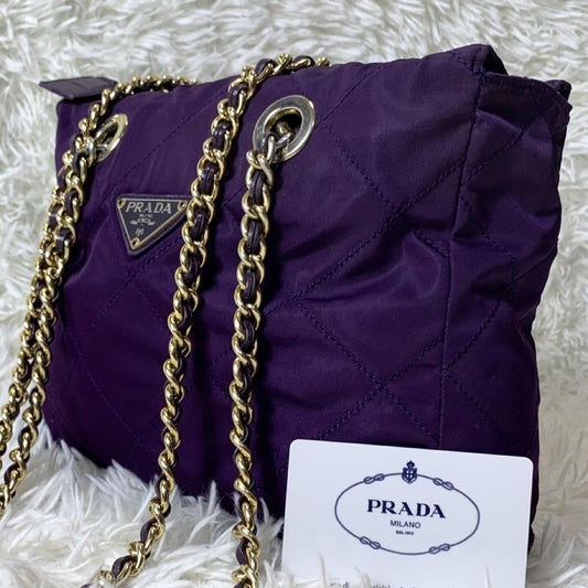 PRADA Shoulder Bag Purse Logo Chain Nylon Leather Purple Authentic