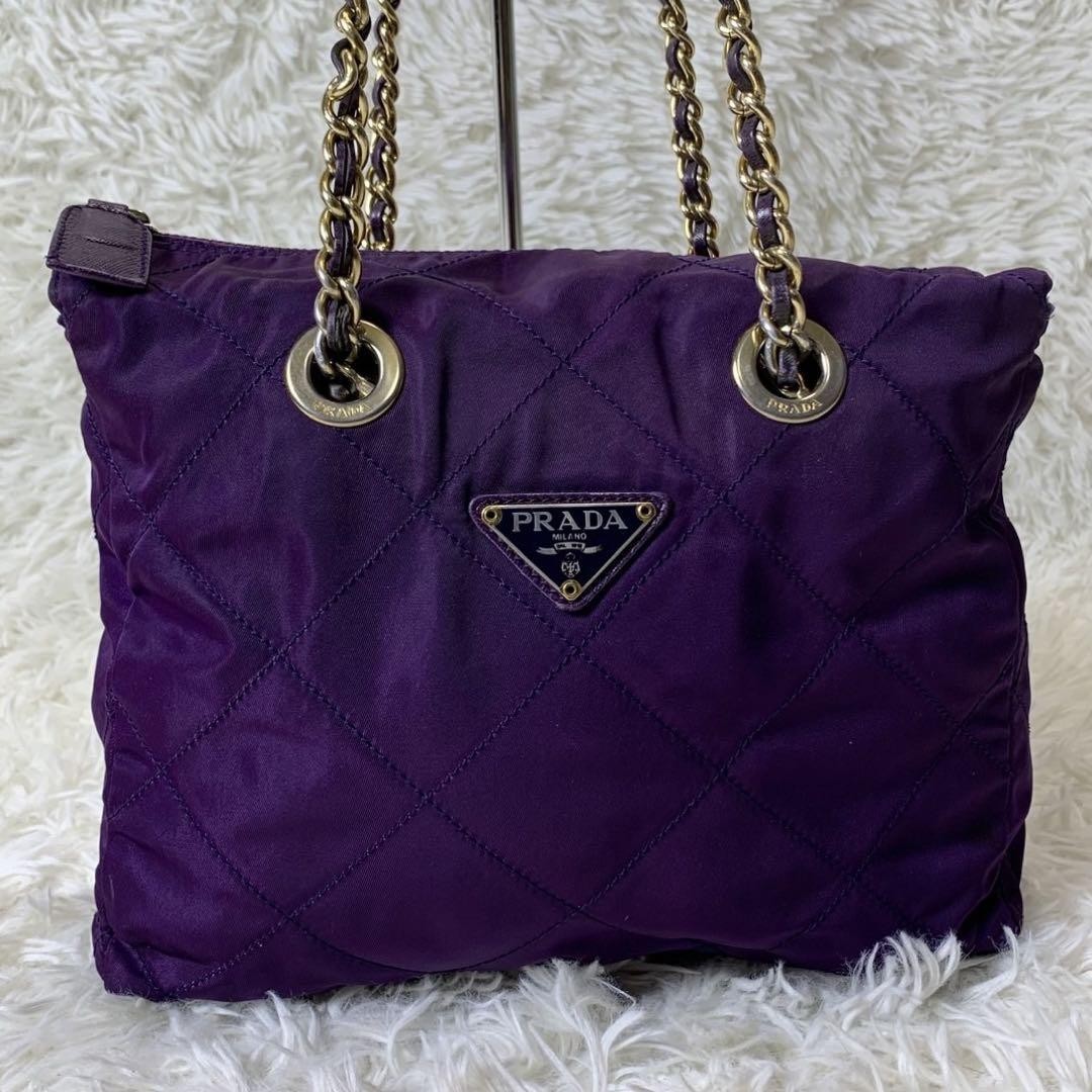 PRADA Shoulder Bag Purse Logo Chain Nylon Leather Purple Authentic