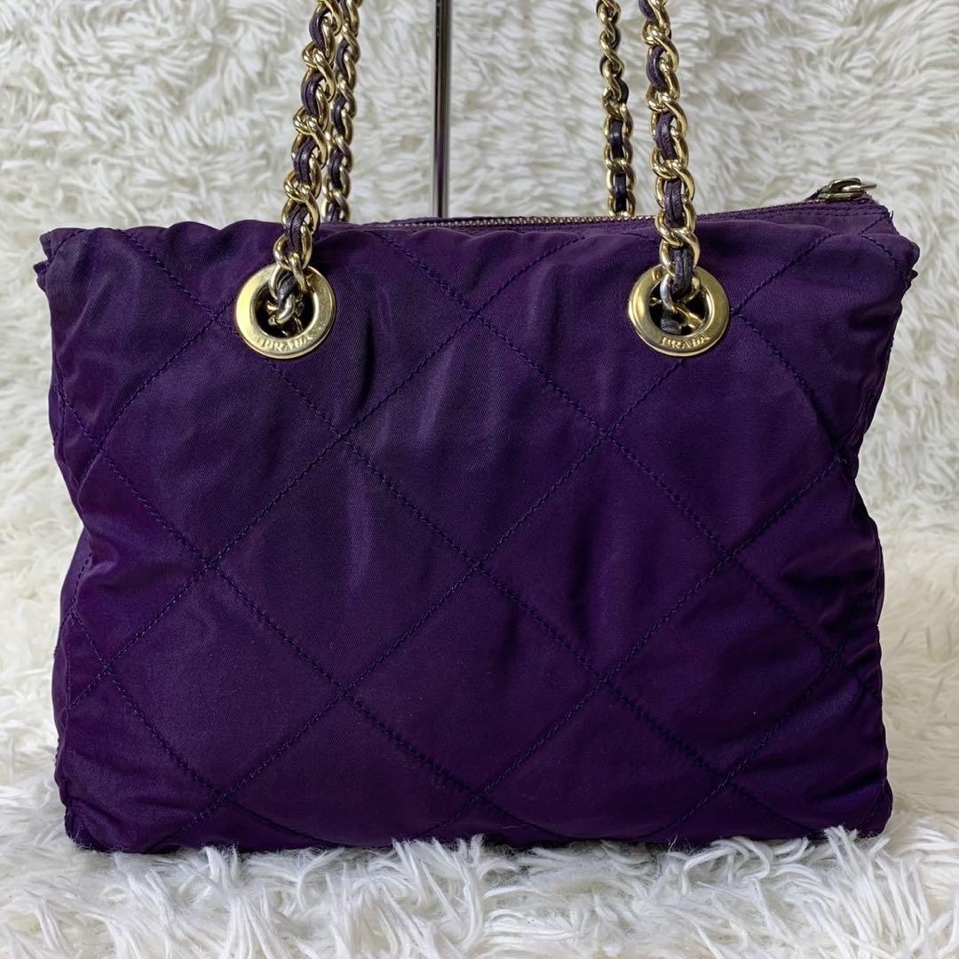 PRADA Shoulder Bag Purse Logo Chain Nylon Leather Purple Authentic