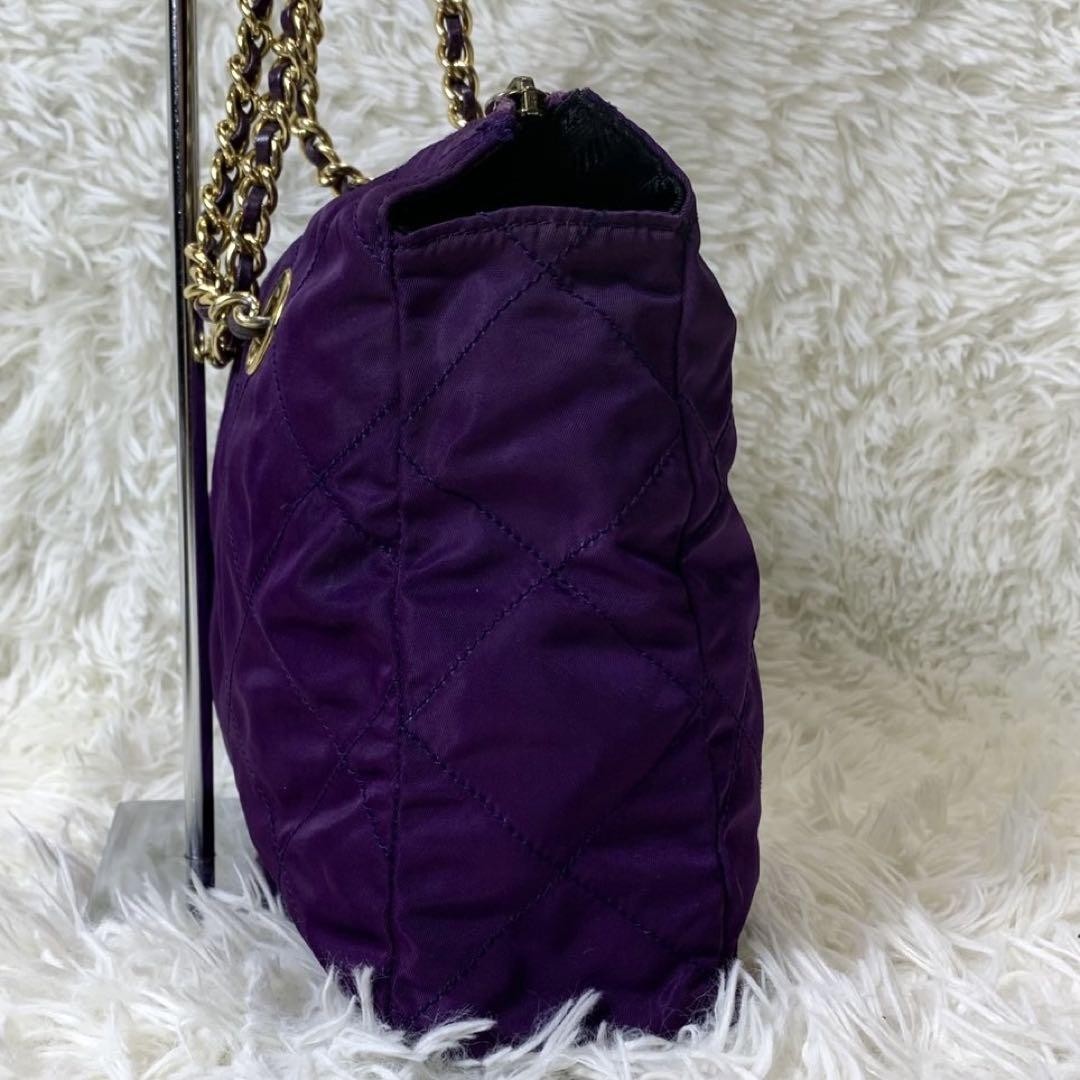 PRADA Shoulder Bag Purse Logo Chain Nylon Leather Purple Authentic